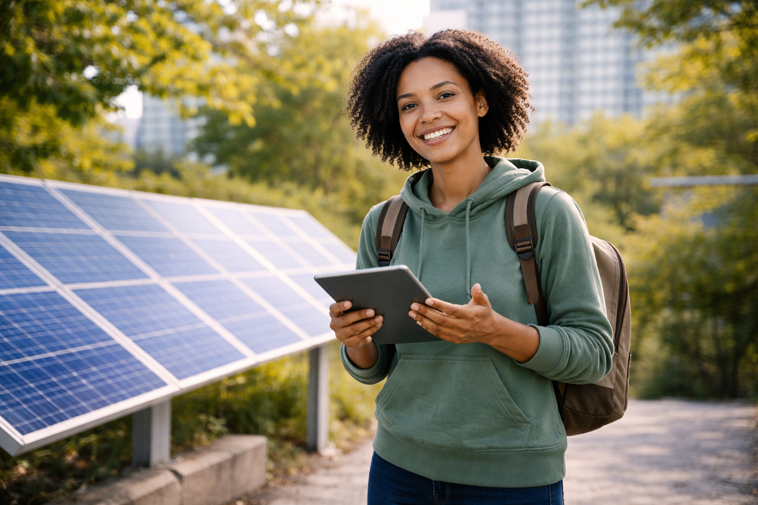 Energy Promoterin mit Tablet vor Solarpanels